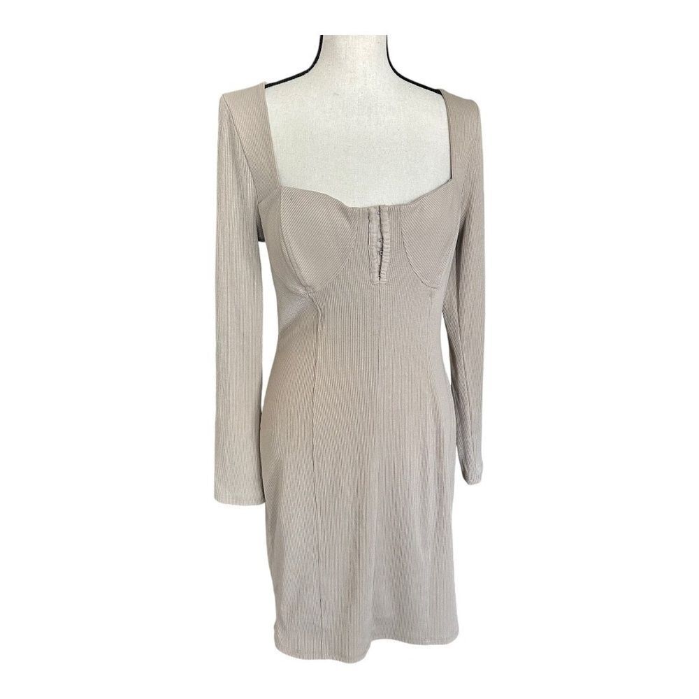 ASTR the Label Womens Hook & Eye Bodycon Dress Taupe Long Sleeve Ribbed Mini XL